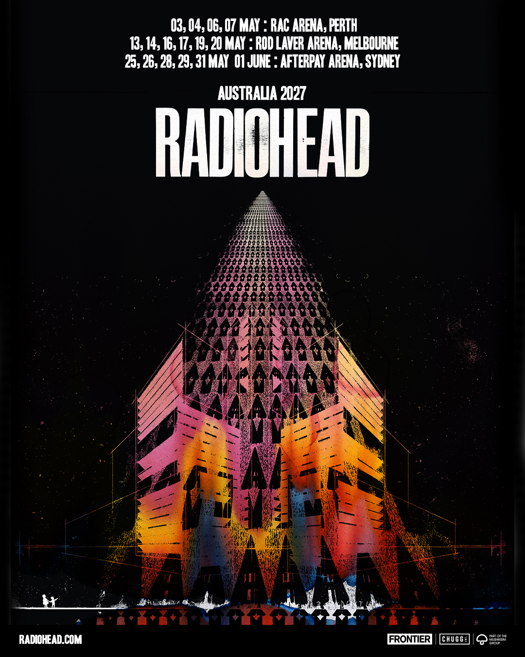 Tour poster for Radiohead Australia 2027 featuring geometric artwork against a dark background, listing Perth, Melbourne, and Sydney dates.